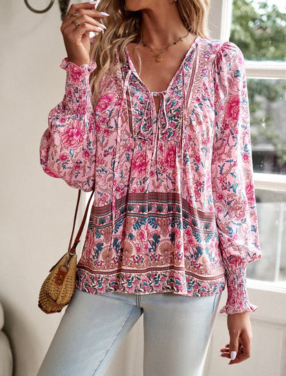 Printed Button-Down V-neck Long Sleeve Top