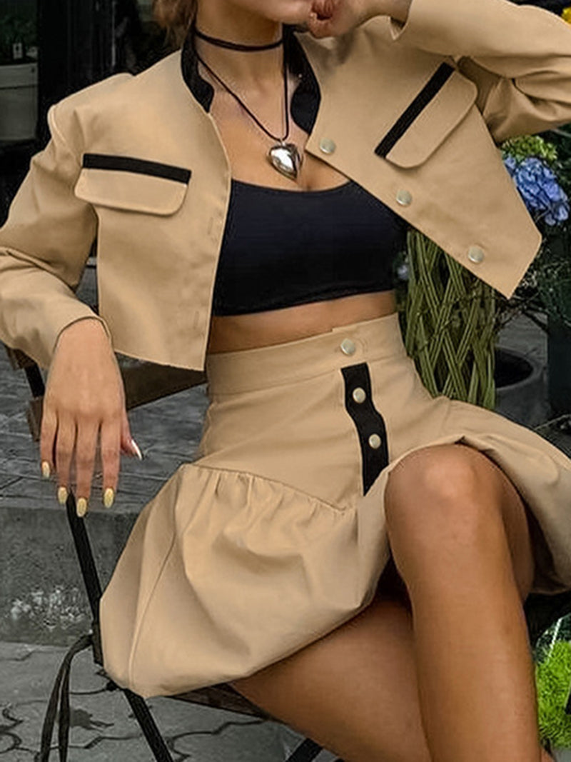 Buttoned Cropped Jacket and Skirt Set