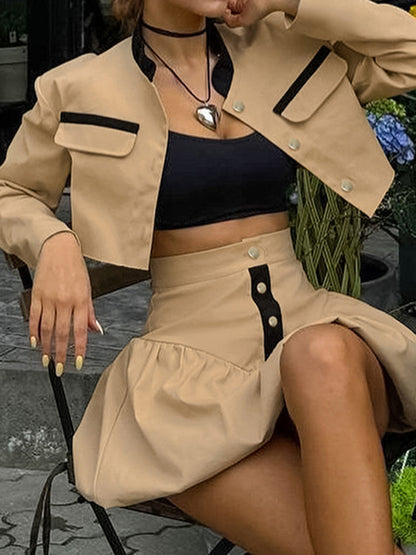 Buttoned Cropped Jacket and Skirt Set