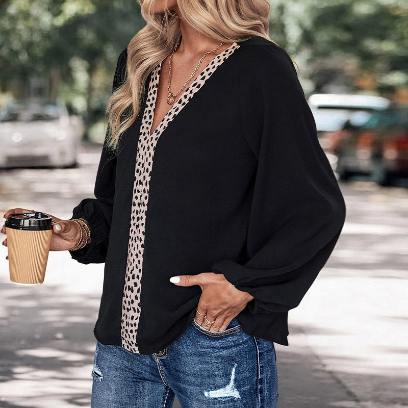 V-Neck Blouse with Leopard Print Trim