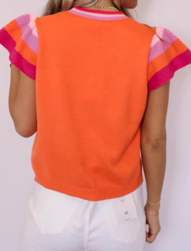 Crew Neck Colorblock Short Sleeve Knit Sweater