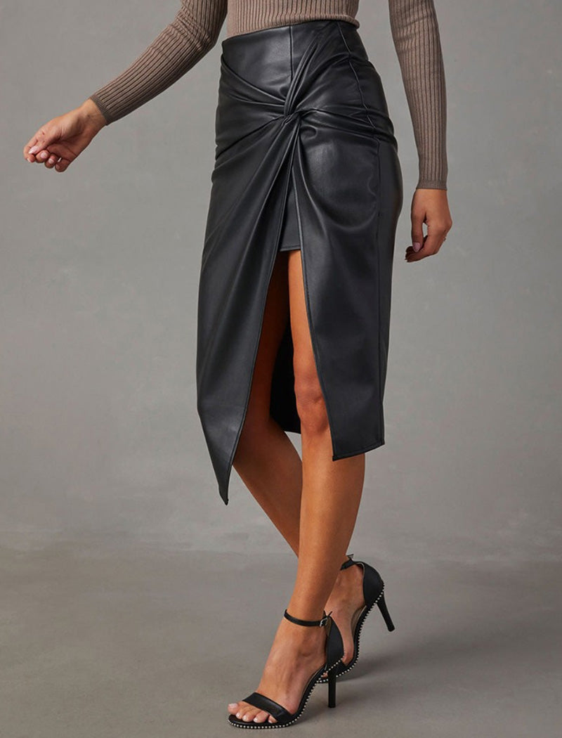 Faux Leather Wrap Midi Skirt