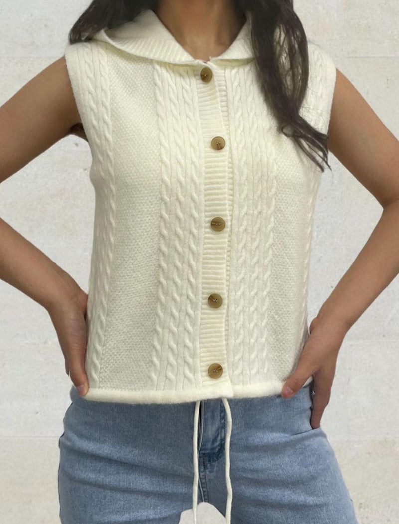 Cable-Knit Button-Up Sleeveless Vest