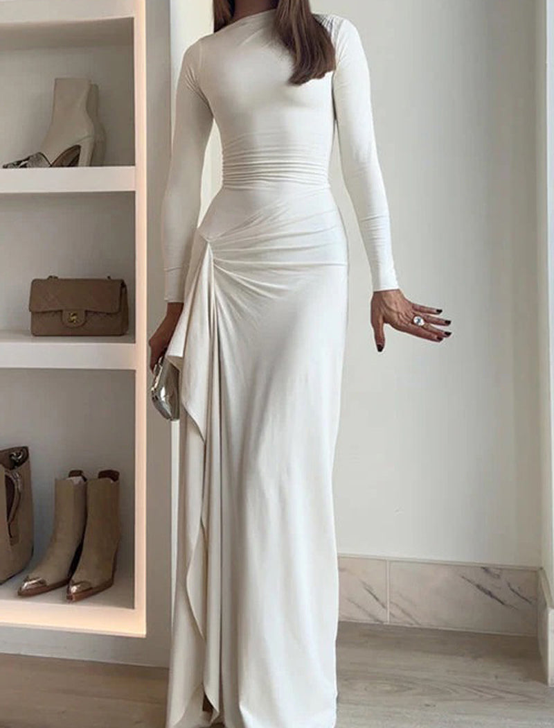 Long-Sleeve Fitted Maxi Dress with Ruched Detail