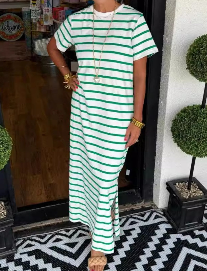 Striped Maxi Dress with Short Sleeves