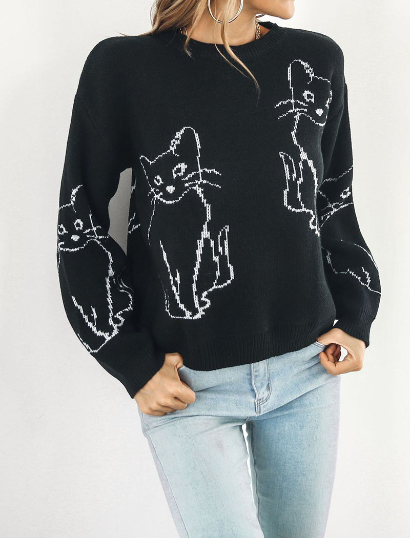 Cat Graphic Knitted Pullover Sweater