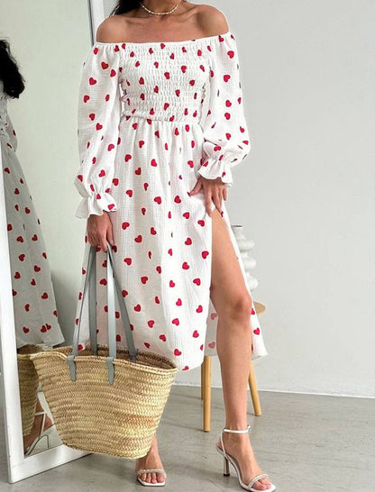 Heart Print Slit Long Sleeve Nightgown