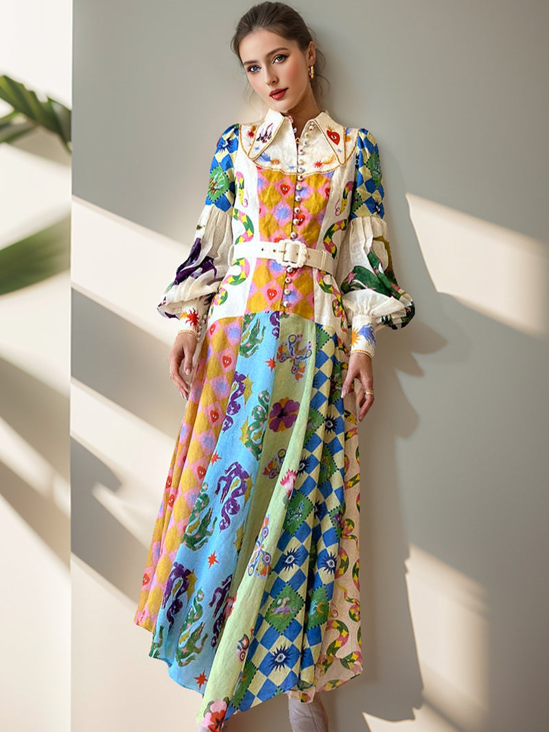 Patchwork Print Long Sleeve Maxi Dress