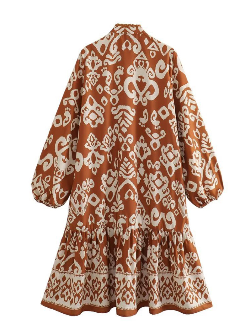 Bohemian Print Long-Sleeve Midi Dress