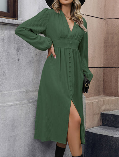 Button-Front Long-Sleeve Midi Dress