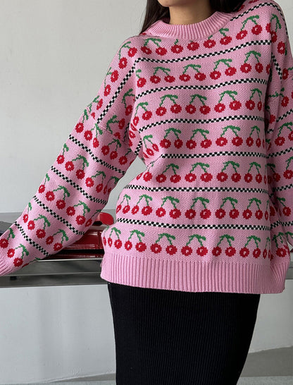 Cherry Pattern Oversized Knit Sweater