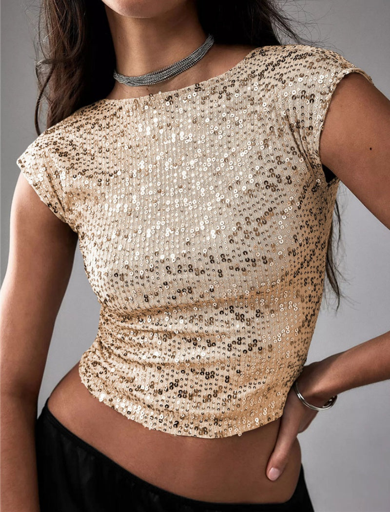 Sequin Cropped Cap Sleeve Top