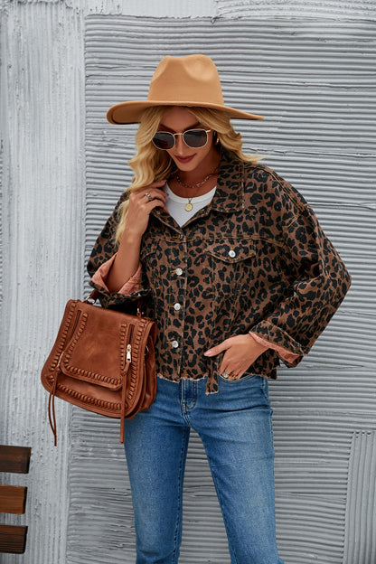 Leopard Print Button-Up Denim Jacket