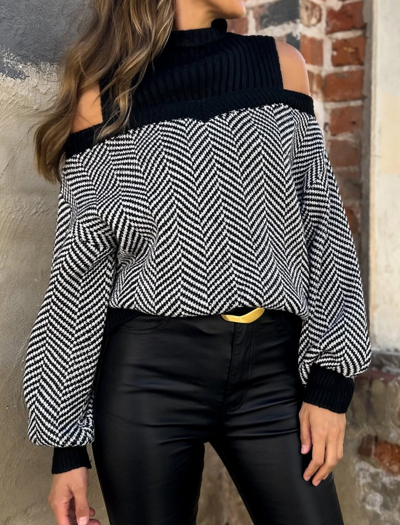 Off-Shoulder Herringbone Sweater