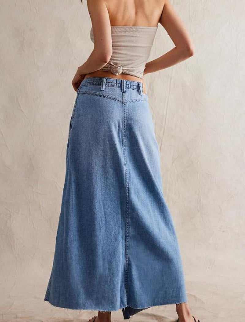 Button-Front Denim Maxi Skirt