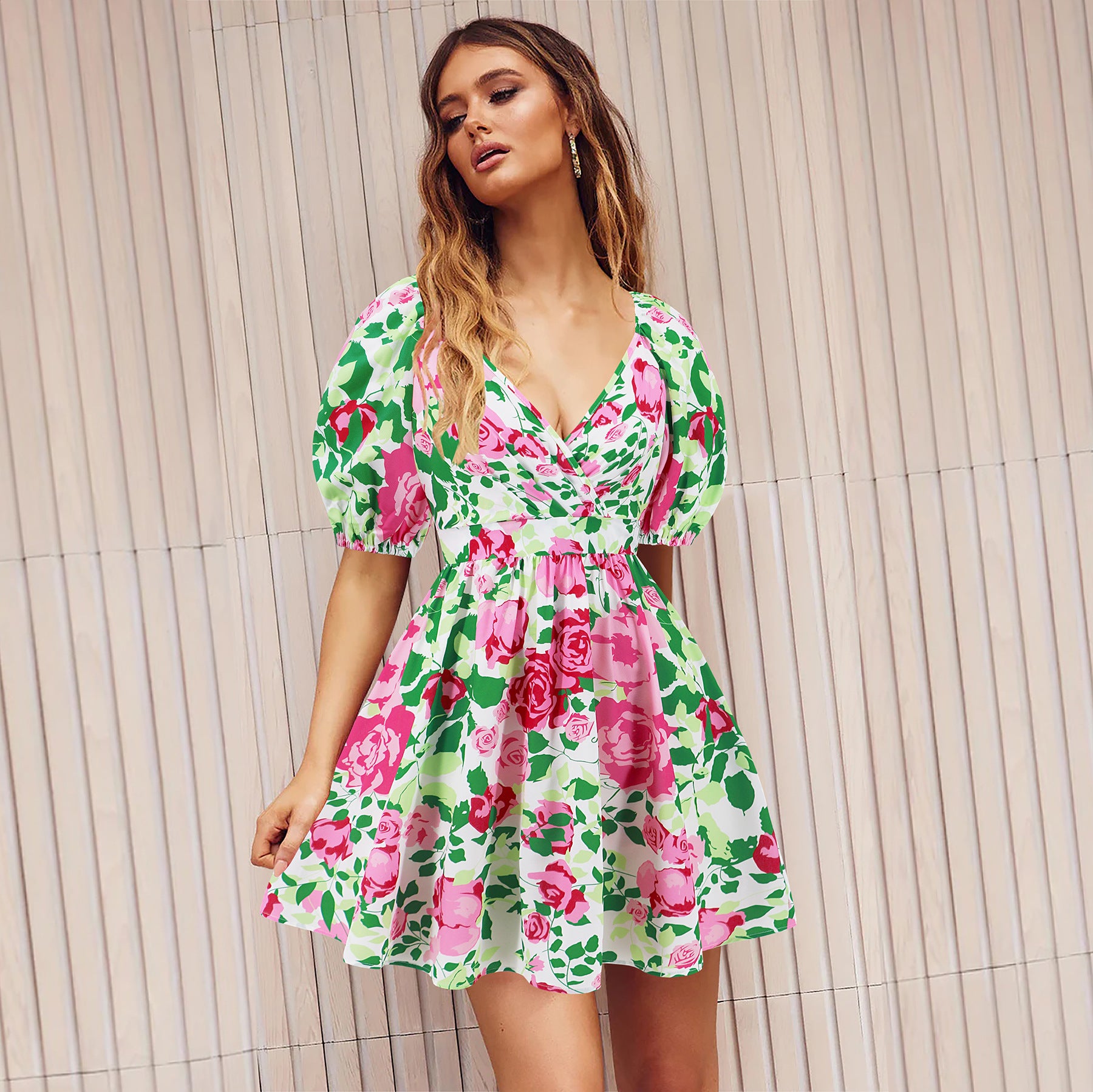 Rose Print Puff Sleeve Mini Dress