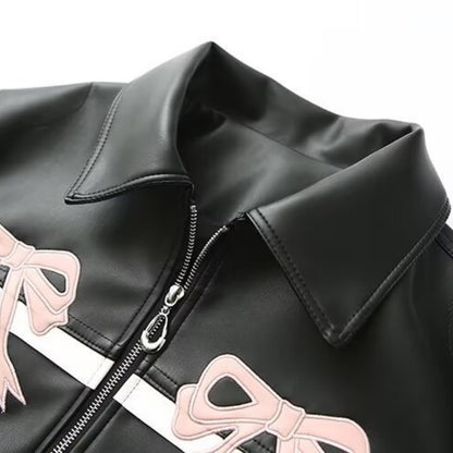 Faux Leather Jacket with Bow Accents