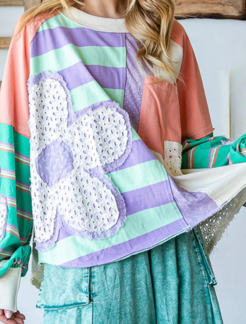 Floral Loose Colorblock Bubble Sleeve Top