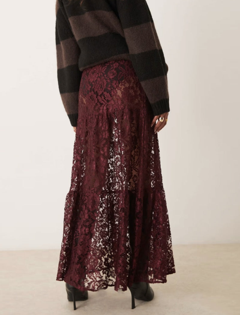 Sheer Lace Maxi Skirt with Layered Design