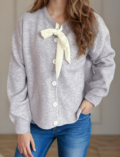 Button-Up Cardigan with Bow Detail