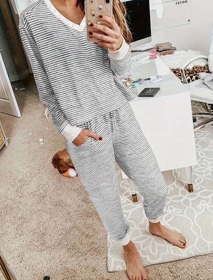 Striped Cozy Lounge Set with V-Neck