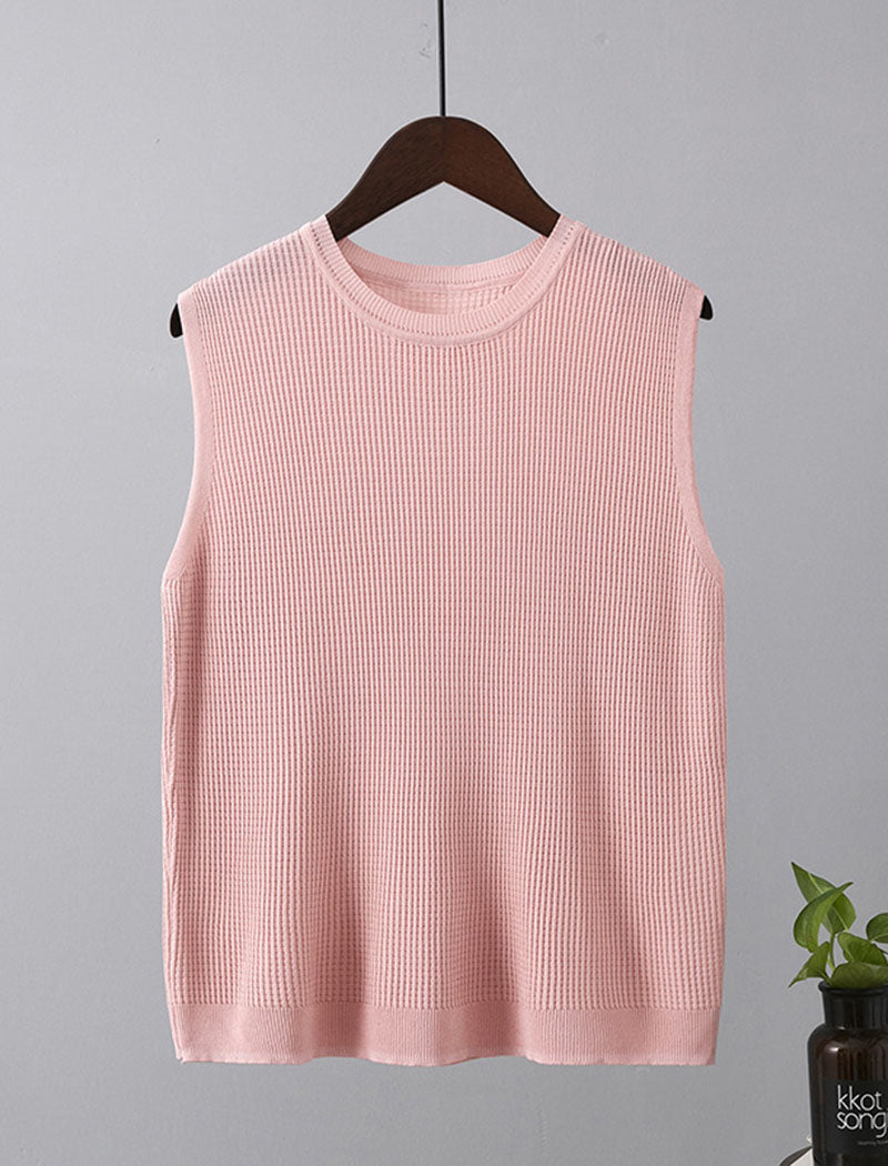 Sleeveless Wide-Shoulder Knit Crewneck Top