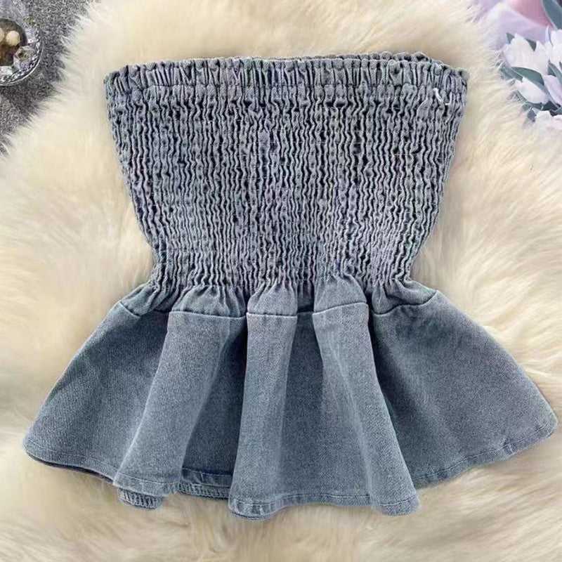 Smocked Denim Tube Top with Peplum Hem