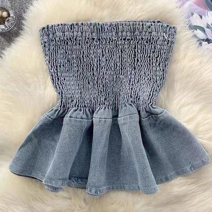 Smocked Denim Tube Top with Peplum Hem