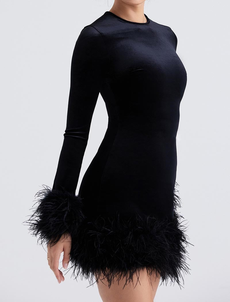 Feather Trim Bodycon Mini Dress