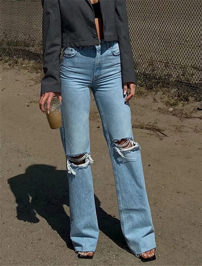 Distressed Wide-Leg Flared Denim Pants