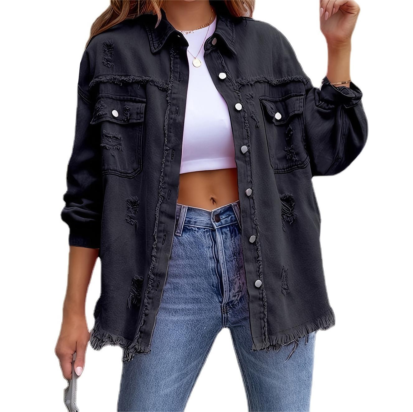 Solid Mid-Length Ripped Denim Jacket