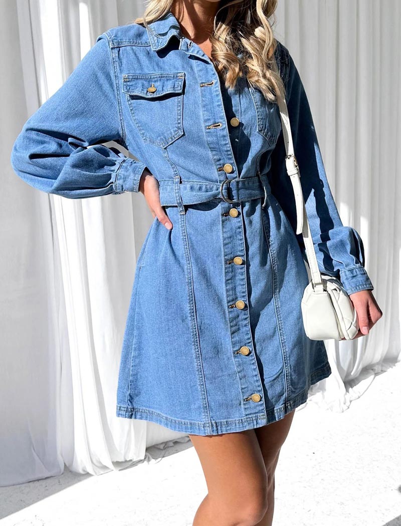 Buttoned Belted Denim Mini Dress