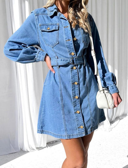 Buttoned Belted Denim Mini Dress