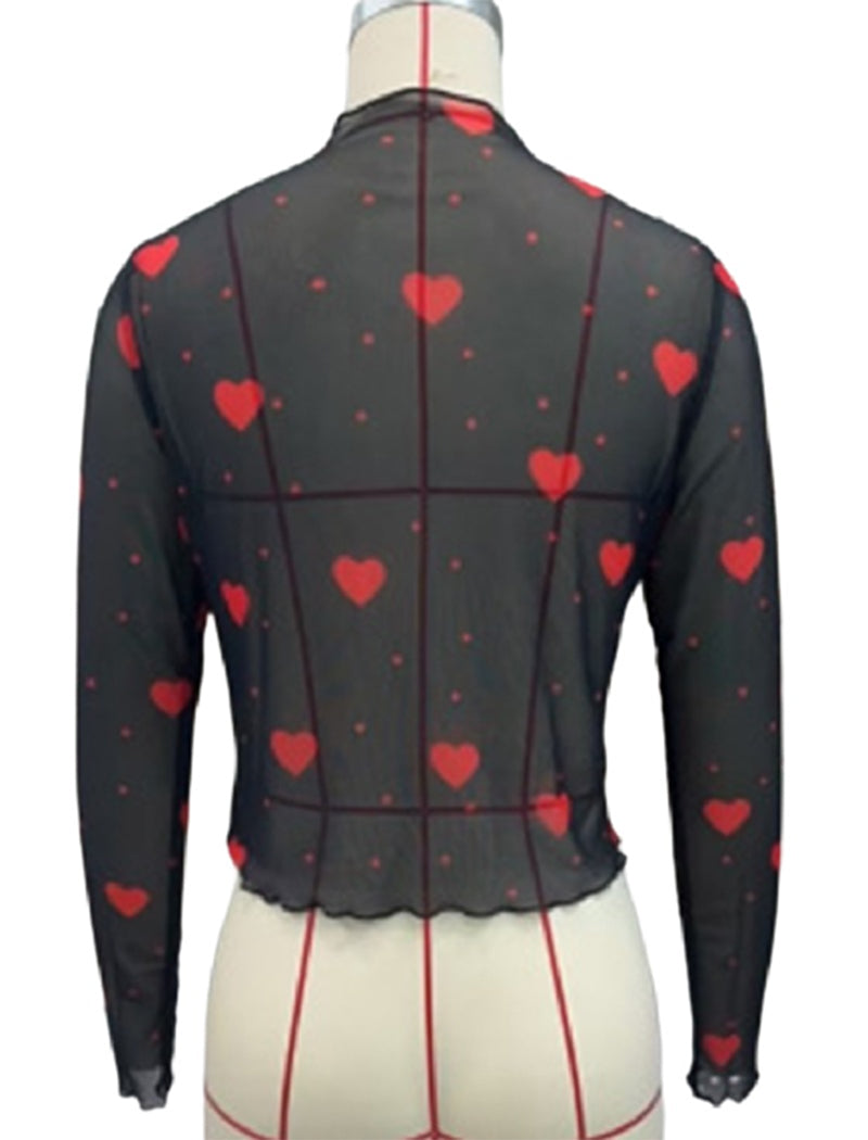 Heart Print Sheer Long Sleeve Top