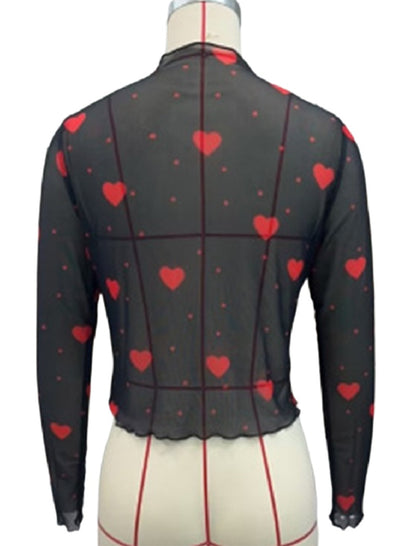 Heart Print Sheer Long Sleeve Top