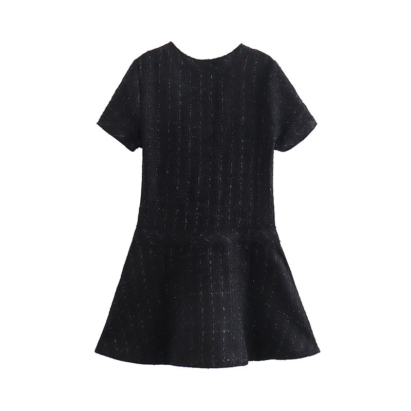 Pocket Crew Neck Textured Short Dress