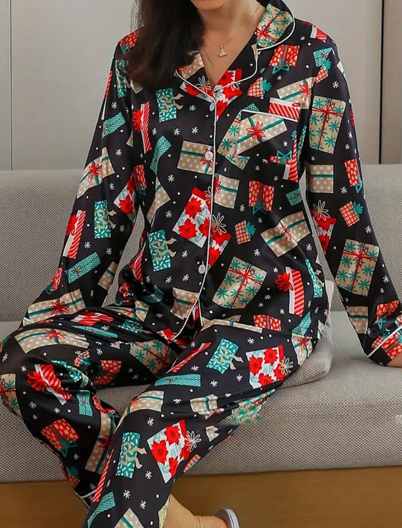 Black Christmas Pajama Set with Gift Print