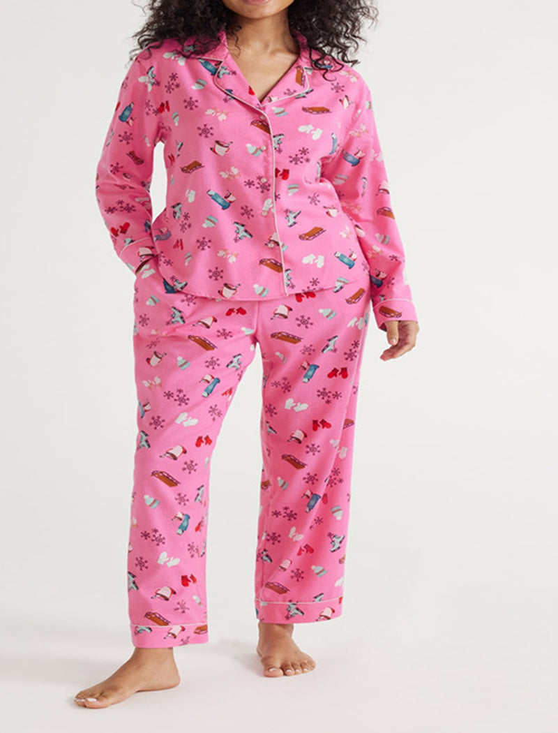 Long Sleeve Collared Christmas Print Lounge Set