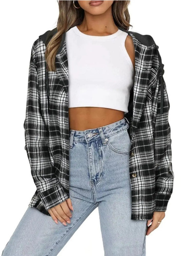 Plaid Button-Up Shirt with Drawstring Hood