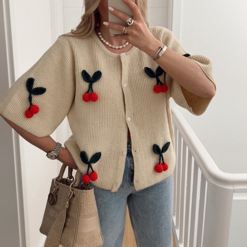 Cherry Applique Button-Front Cardigan