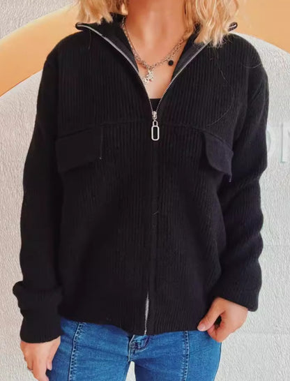 Zip-Up Knit Cardigan with Pockets