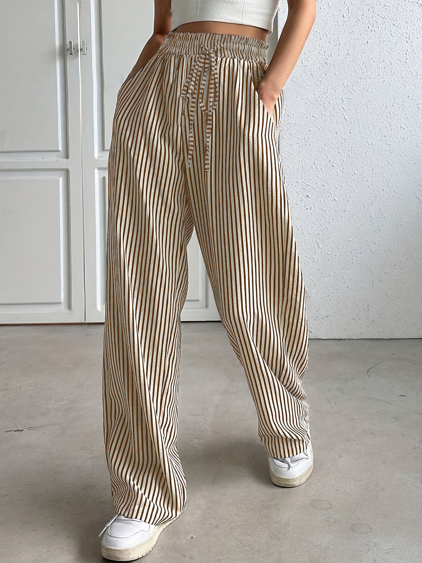 Striped Wide-Leg Drawstring Pants