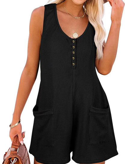 Sleeveless Button-Up Romper with Pockets