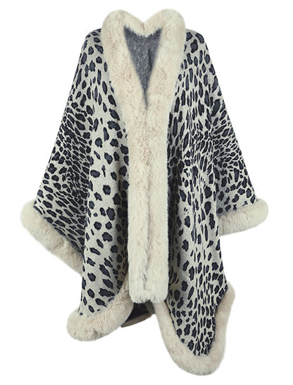 Leopard Print Faux Fur Trim Cape