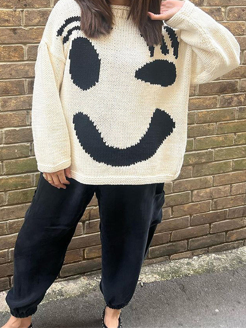 Smile Print Colorblock Pullover Sweater