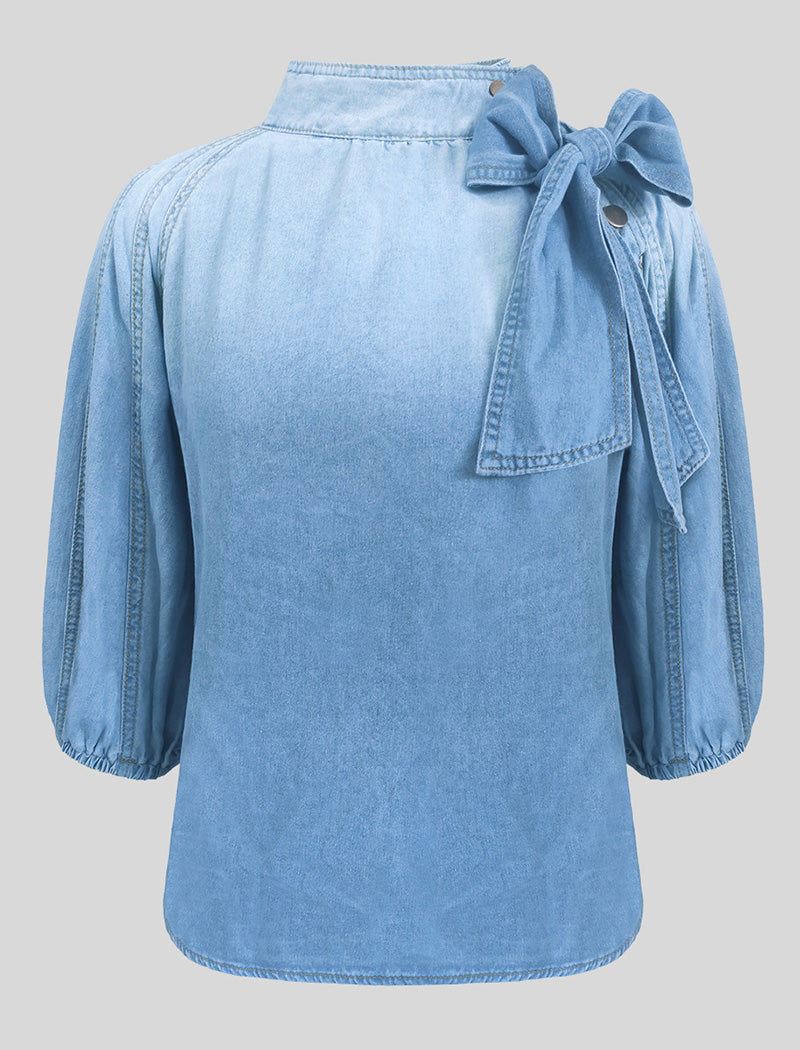Puff Sleeve Denim Blouse with Bow Accent