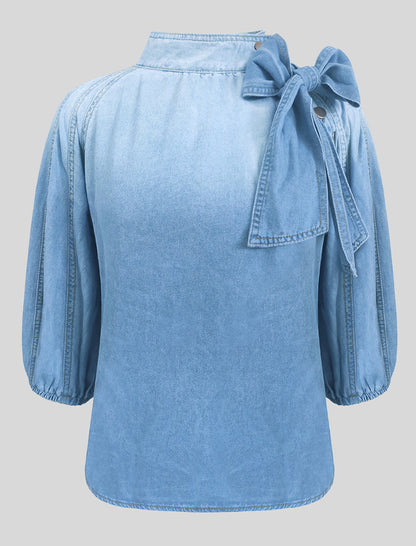 Puff Sleeve Denim Blouse with Bow Accent