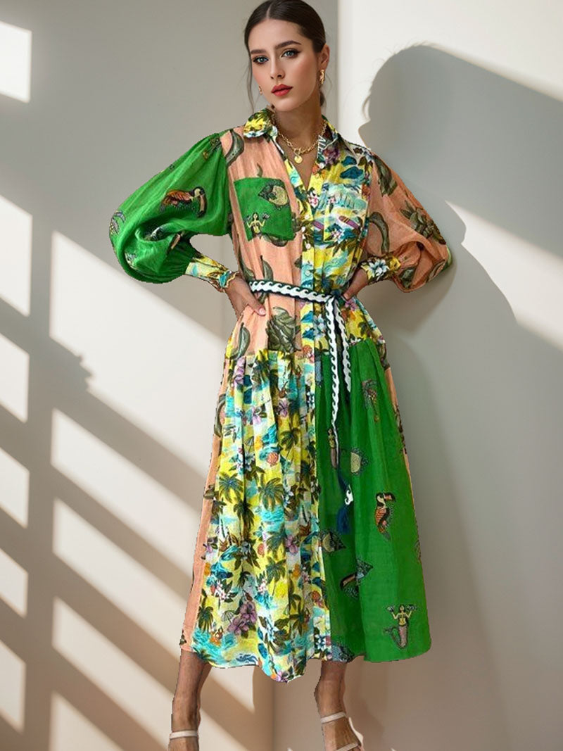 Patchwork Long-Sleeve Maxi Dress