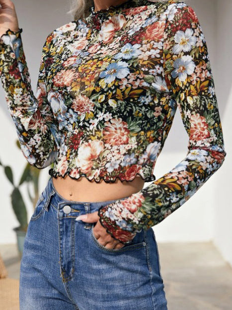 Floral Mesh Mock Neck Top