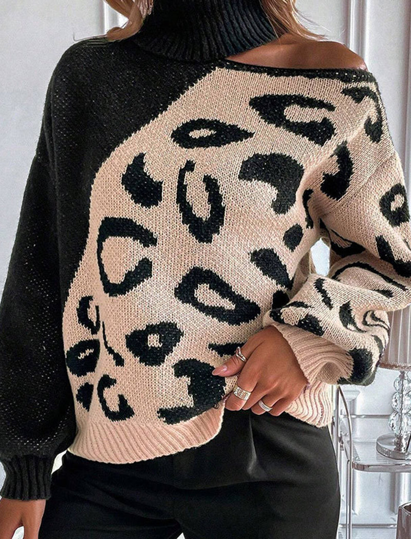 Leopard Patchwork High Neck Knit Pullover